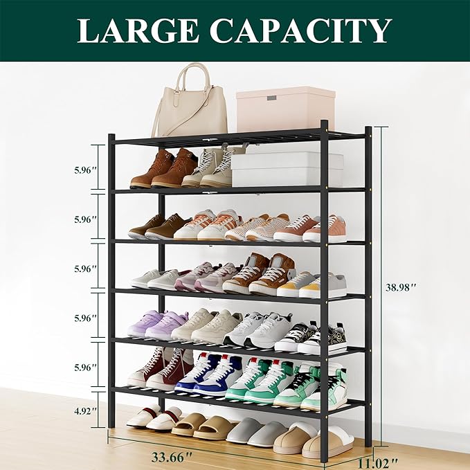 Smiry Shoe Rack, 6 Tier Long Bamboo Shoe Organizer, Stackable Free Standing Wooden Shoe Storage Shelf for Closet, Entryway, Front Door Entrance, Black