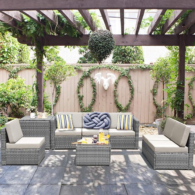 HAPPYGRILL 8-Pieces Patio Furniture Set Outdoor Rattan Conversation Set with Storage Box Sectional Wicker Sofa Set with Coffee Table and Cushions for Garden Backyard