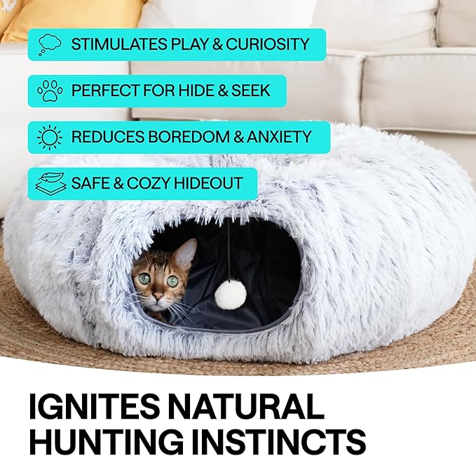Cat Tunnel Bed Donut Cave – XL Plush Circle Hideaway for Indoor Cats, 3-in-1 Foldable Play Tunnel & Cozy Bed, Gift-Ready House Under Christmas Tree