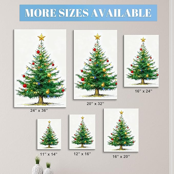 Framed Christmas Pictures Wall Decor,Vintage Pine Tree Prints,Winter Christmas Canvas Wall Art Decoration for Bedroom Bathroom Living Room Rustic Xmas Holiday Gifts (Christmas Tree 7, 11'' X 14'')