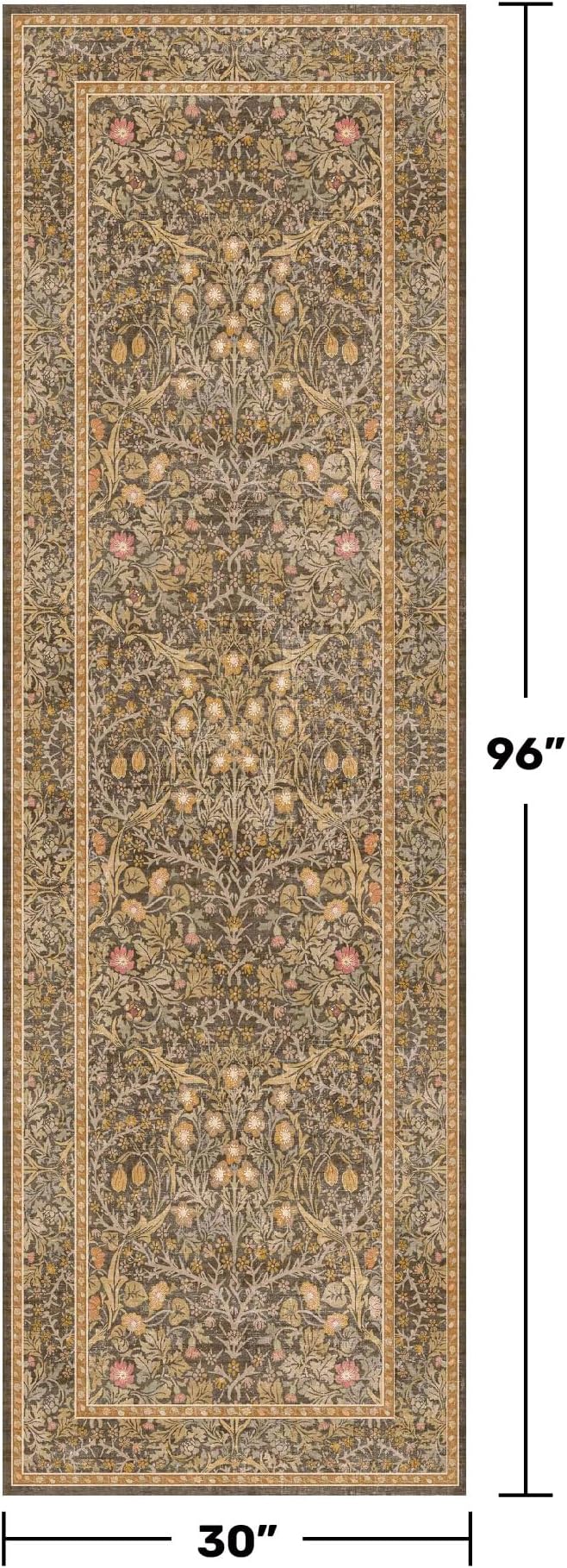 Brown 2'6" x 8' Runners for Hallways Non Slip, Extra Long Floor Runner for Kitchen, Entryway Indoor, Washable Rubber Backing Stain Resistant - Soft Boho Vintage Gold Brown Floral Décor