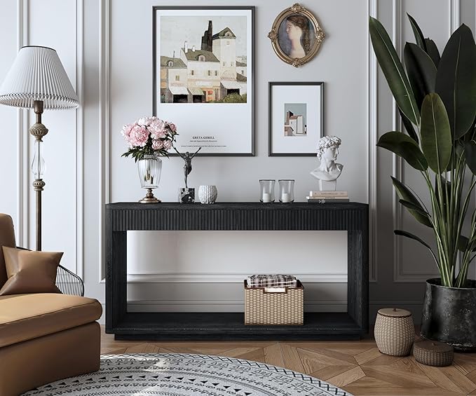 59.8”Rectangular Rustic Fluted Console Table with 2 Drawers,Solid Wood Entry Table Hallway Table, Modern Farmhouse Narrow Sofa Table for Foyer Living Room,Bedroom,Apartments-Black