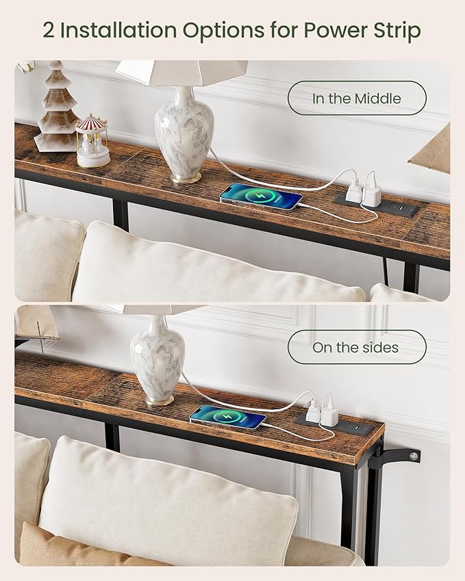 62.99" Console Table with Charging Station, Narrow Long Behind Couch Table, with 2 AC Outlets, 1 USB-A Port and 1 Type-C Port Rustic Brown and Black TXG26UBF