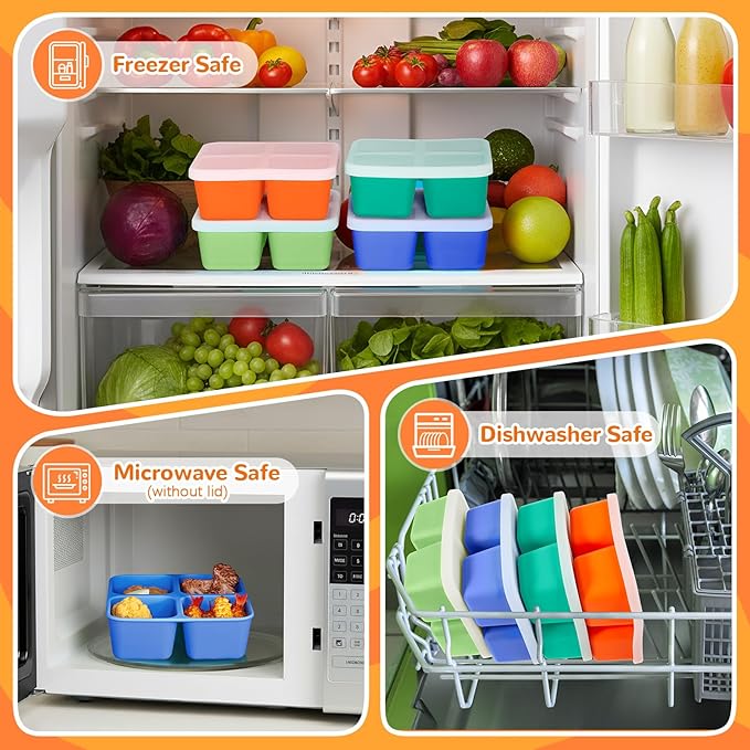 Roshtia 4 Pack Silicone Food Containers with Lids, Reusable Packs Bento Lunch Box for Meal Prep Food Storage, Microwave Dishwasher Safe (4 Compartment,Light)