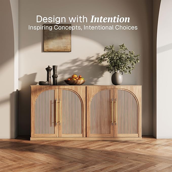 BELLEZE 65 Inch Sideboard Cabinet with Double-Arc Wood Doors, Large Buffet Cabinet with Storage and Adjustable Shelves, Classic Modern Console Table for Dining Room Living Room Entryway (Camel)