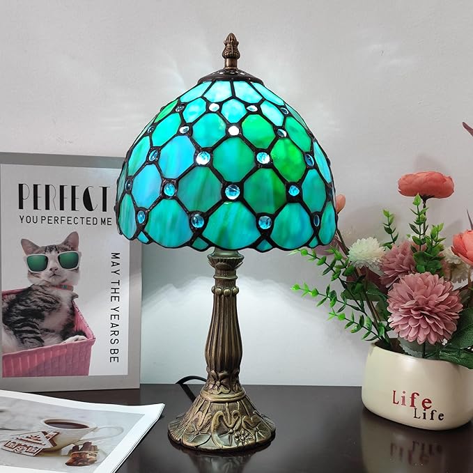 Small Tiffany Table Lamp 8 Inch Tiffany Style Desk Lamp Stained Glass Antique Light Bedroom Bedside Lamp Retro Reading Lamps (Green Pearls Style)