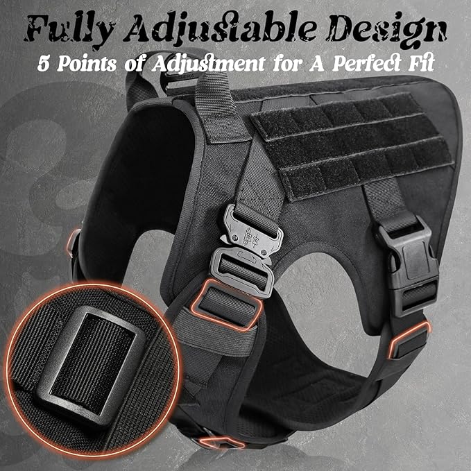rabbitgoo Tactical Dog Harness for Large, Heavy Duty Pet Harness with Handle, No-Pull Service Vest Large Breed, Adjustable Military Dog Vest for Training Hunting Walking, Black, XL