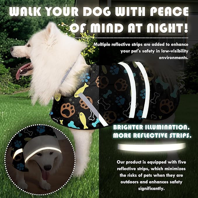 Dog Raincoat, Adjustable Dog Rain Jacket with Clear Hooded Double Layer for Large Medium Small Dogs Puppies, Waterproof Rain Coat Poncho Paw Print, Black-L