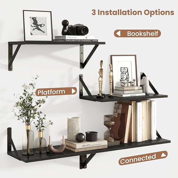 Axeman Floating Shelves for Wall, 16W x 8D Black Floating Shelves Set of 2, 8 Inch Deep Wall Mounted Shelves for Bookshelf Living Room Bedroom Home Office Bathroom