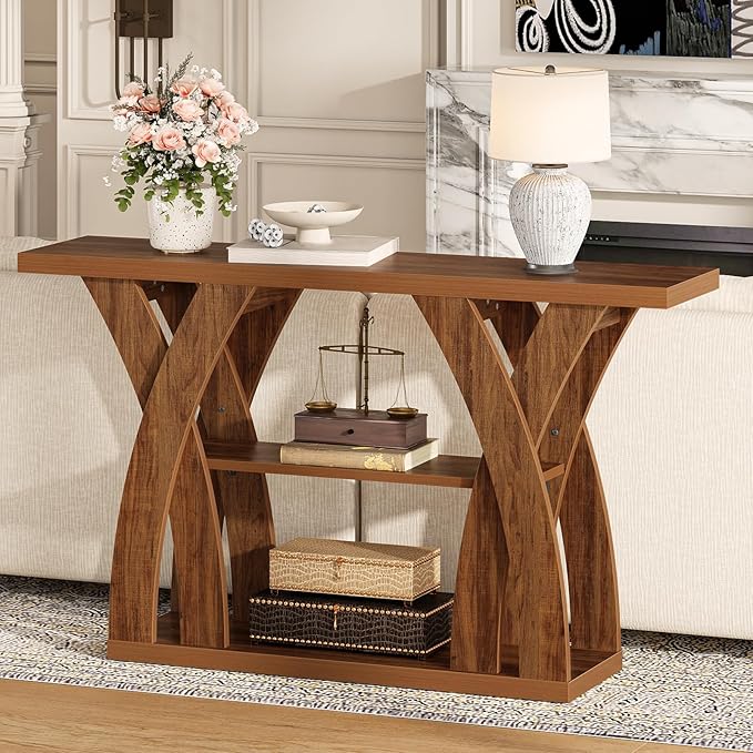 Console Tables, 55-Inches Walnut Console Table with Storage 3-Tier Farmhouse Narrow Entryway Table for Living Room, Hallway, Foyer(Brown)