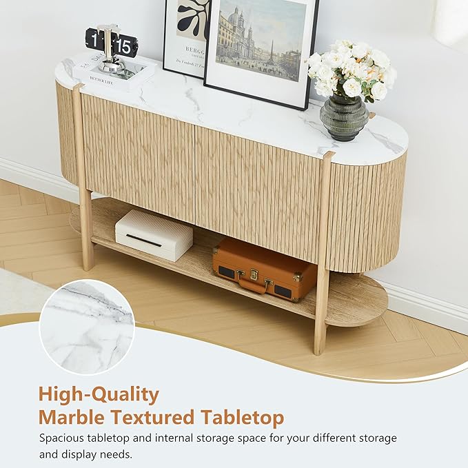 Console Table with Storage, Fluted Entryway Table with 2 Doors and Open Shelf, Long Sofa Table Behind Couch for Living Room, Hallway (Natural)