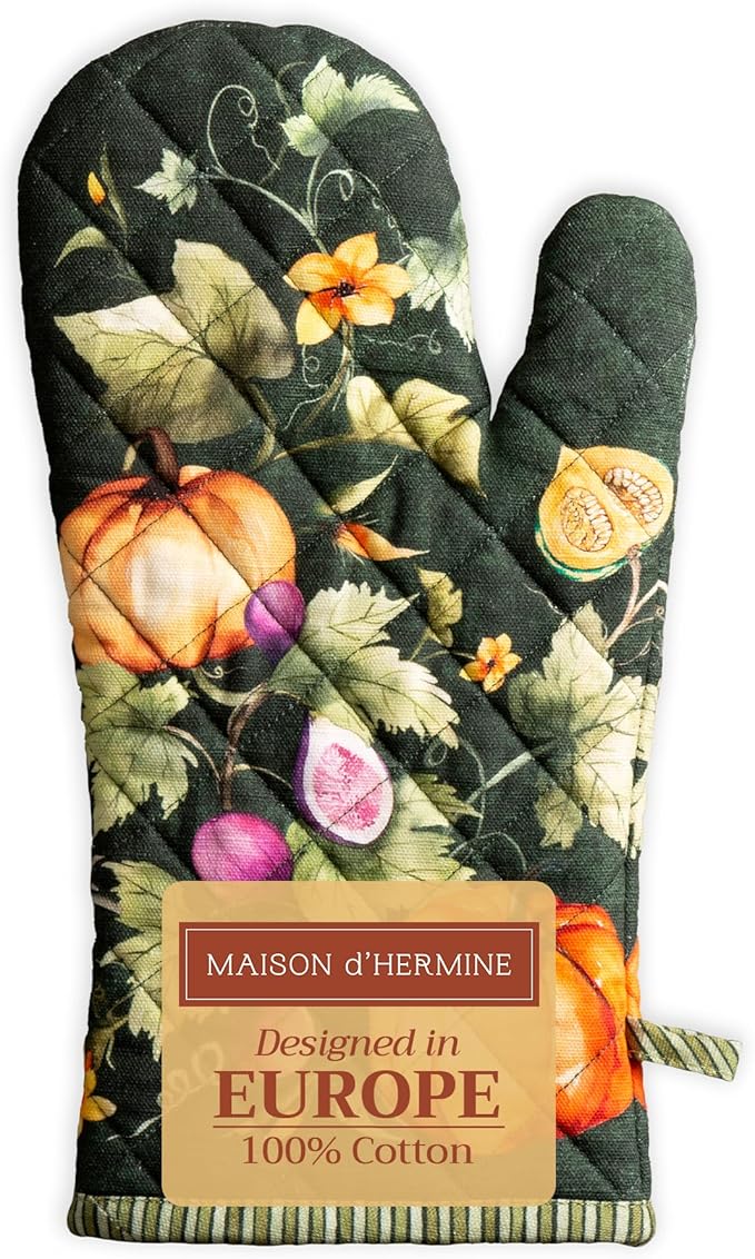 Maison d' Hermine Oven Gloves 100% Cotton Oven Mitt 7" x 13" with Loop Heat Resistant Cooking Gloves for Thanksgiving Christmas Decorations Handling Hot Pans (Pack of 1, Pumpkin Garden - Dark Green)