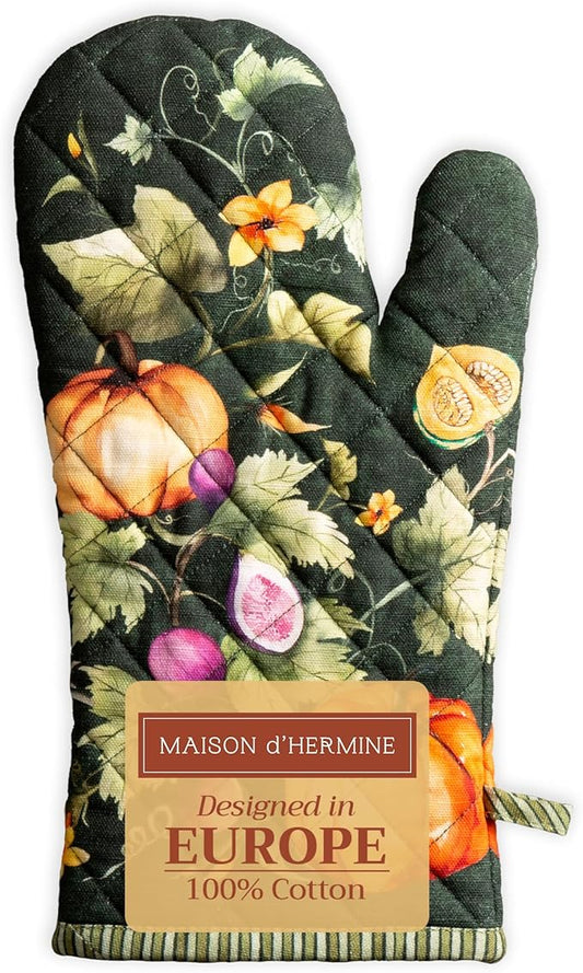 Maison d' Hermine Oven Gloves 100% Cotton Oven Mitt 7" x 13" with Loop Heat Resistant Cooking Gloves for Thanksgiving Christmas Decorations Handling Hot Pans (Pack of 1, Pumpkin Garden - Dark Green)