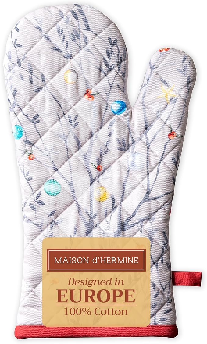 Maison d' Hermine Oven Gloves 100% Cotton Oven Mitt 7" x 13" with Loop Heat Resistant BBQ Cooking Gloves for Thanksgiving Christmas Decorations Baking Handling Hot Pans (Pack of 1, Fairy Christmas)