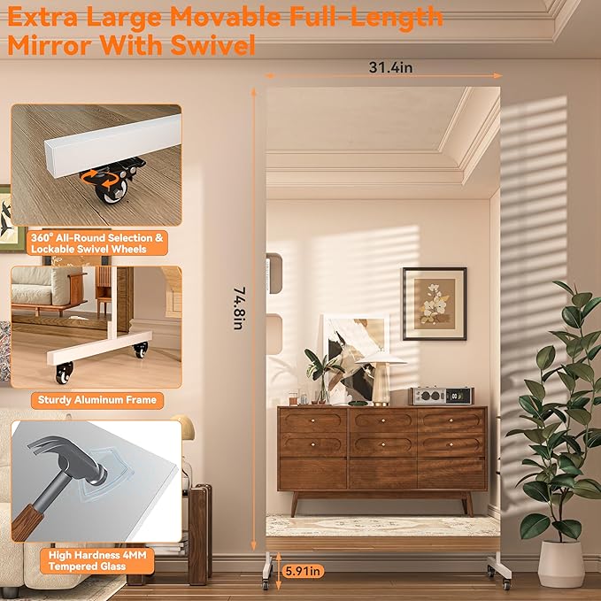 Hasipu Home Gym Mirror 360° Swivel on Wheels, 74.8" x 31.4" Extra Large Full Body Rolling Mirror for Yoga Studio, Bedroom, Dancing Studio, White