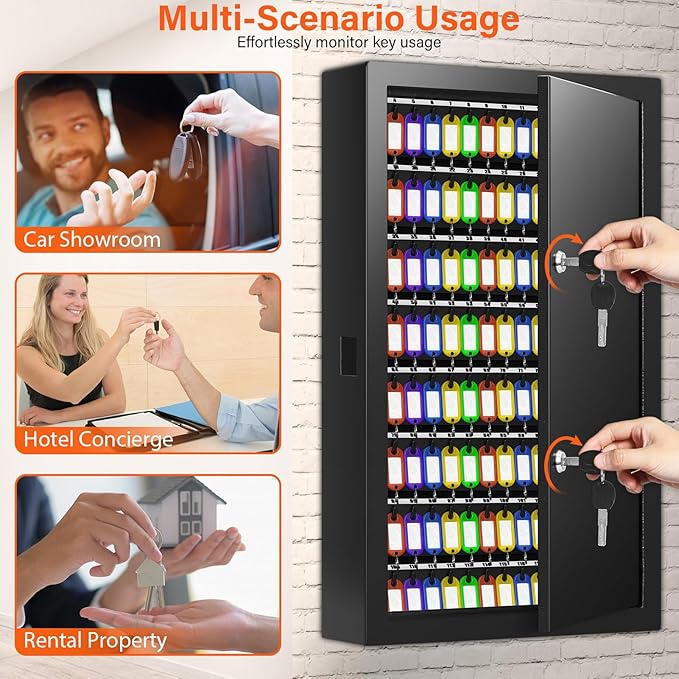 200 Keys Dual Lock Key Cabinet, Anti-Theft Key Lock Box with Key Tags, Adjustable Key Organizer Wall Safe for Car Office House Garage Rental Business
