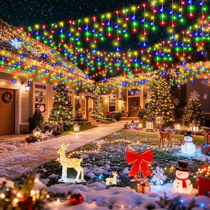Hezbjiti 2Pack Total 800LED Ice Lights 33FT Christmas Lights String Lights Outdoor Decoration 8 Modes 150 Drops Fairy Lights for Eaves Party Yard Garden Xmas Decor（Multicolor）