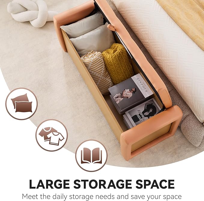 48" Large Storage Ottoman Bench, Faux Leather Upholstered Bed Bench with Button Tufted, End of Bed Ottoman with Safety Hinge for Bedroom, Living Room, Window，or Entryway, Orange Shoe Storage Chest