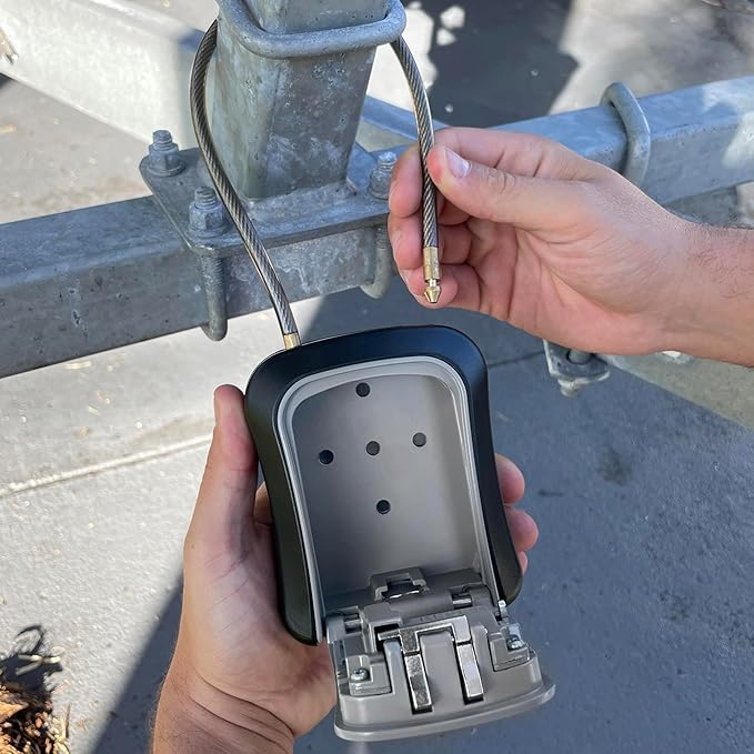 Iron Lock® Key Lock Box Portable with Cable Shackle & Wall Mount – Waterproof Metal Lock Box for Keys with 4-Digit Combination & Resettable Code – Indoor/Outdoor Key Safe (Grey, Medium)