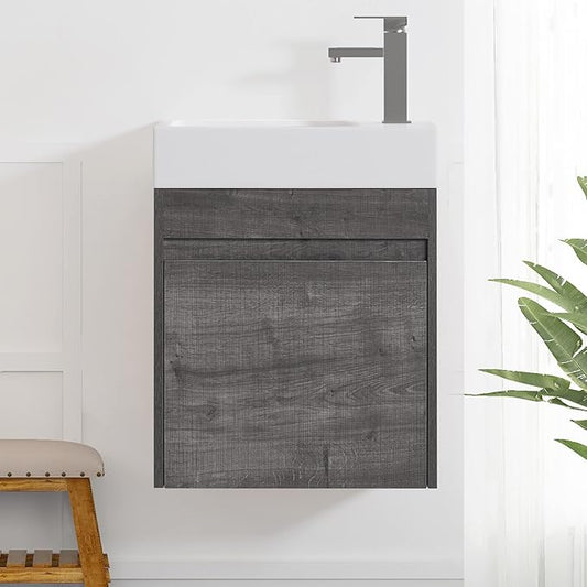 Goujxcy 18" Wall Mounted Bathroom Vanity with Sink, Modern Floating Bathroom Cabinet with White Resin Wash Basin & Storage Cabinet, Soft-Close Door Wood Hanging Bath Room Cabinet