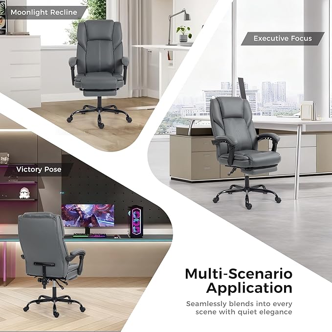Office Chair with Footrest, Executive Breathable Leather Office Desk Chair with Lumbar Support - Ergonomic Comfy Wide Reclining Swivel Rolling Gaming Computer Chair with Adjustable 90-135° High Back