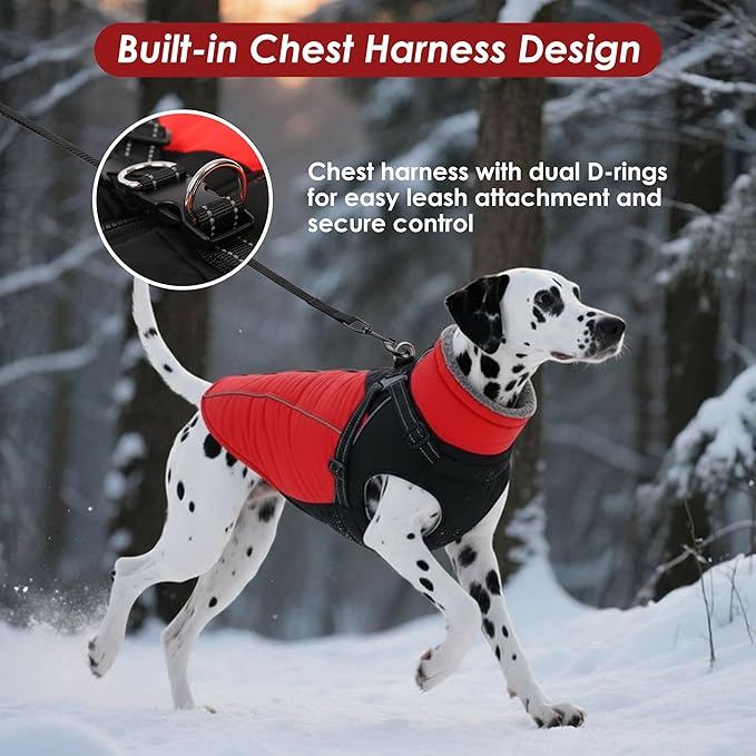 ASENKU Reflective Dog Coat with Built-in Harness, Windproof Fleece-Lined Dog Jacket for Small, Medium, Large Dogs, Warm Winter Vest with Turtleneck & Zipper (Red M)