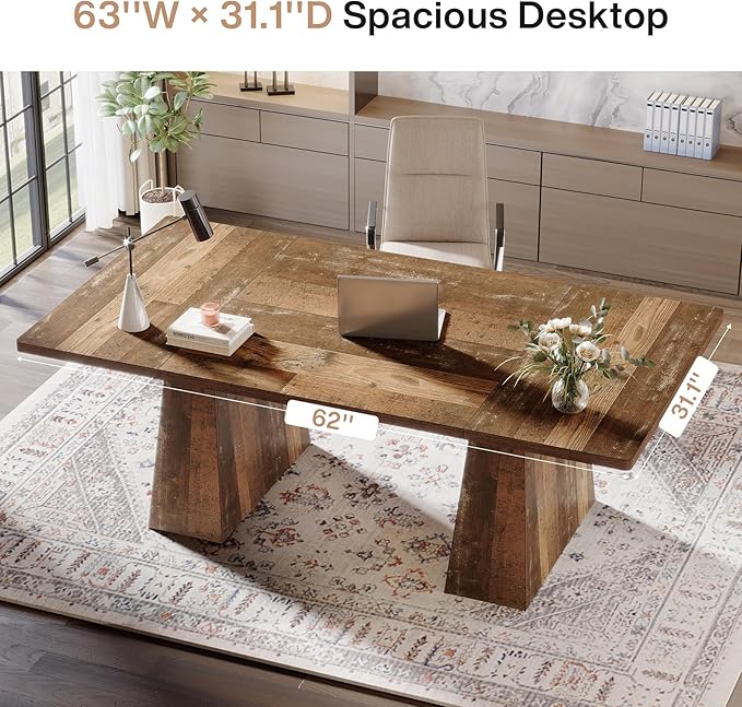 Tribesigns 63-Inch Executive Desk, Large Office Computer Desk with Double Pedestal, Modern Simple Workstations Writing Table Conference Table Business Furniture for Home Office, Espresso Brown