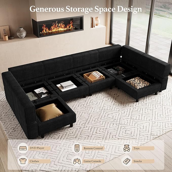 114.2" U Shaped Sectional Sofa,6 Seat Corduroy Couch,Comfy Modular Sectional Sofa with Storage Movable Ottoman Chaise,Upholstered Sectional Couches for Living Room,Black