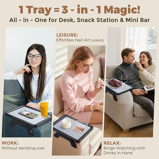 Couch Armrest Table, Foldable Bamboo Sofa Arm Tray for Couch with a Non-Slip Pad, Clip On Couch Arm Table for Remotes/Eatting/Drinks, Fits Sofa Armrest 3.5"-13.5" Black