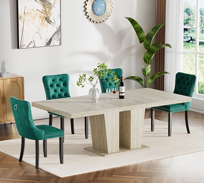 Goujxcy 5-Piece Extendable Dining Table Set for 4, 63-78 Inch Faux Travetine Kitchen Table Set with 4 Green Upholstered Chairs Modern Wood Expandable Dining Room Table Set for Kitchen Apartment