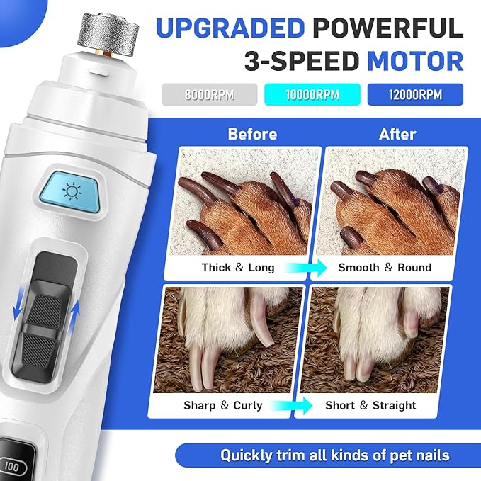 Dog Nail Grinder & Clipper 2-in-1 Set - 25dB Ultra Quiet with 3 Grinding Wheels & 2 LED Lights, Rechargeable for Large/Puppy Dogs & Cats, 3-Speed Adjustable for Anxious Pets