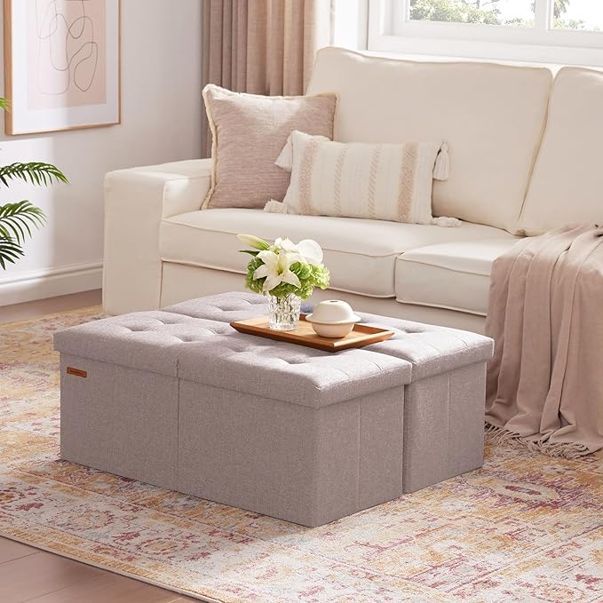 HAUSFRAU 31.5 Inches Ottoman with Storage Bench, Folding Ottoman Bench Small Foot Rest Stool, Bedroom Bench with Flipping Lid, Linen Mushroom Grey