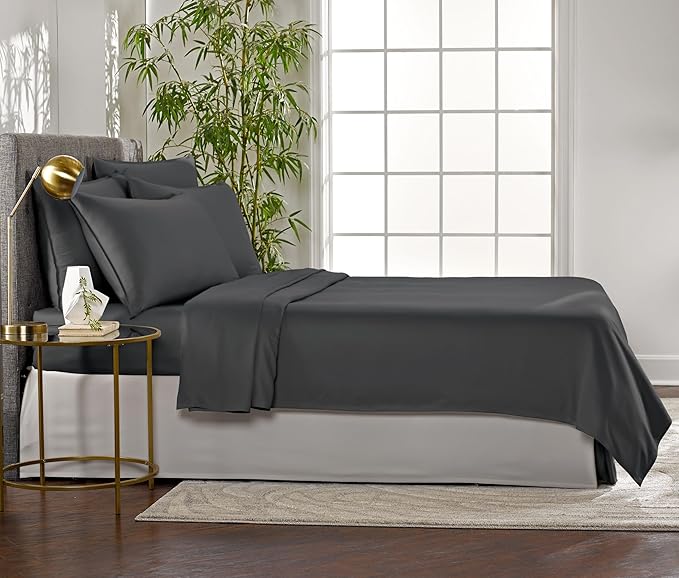 Pure Bamboo Queen Sheets, Genuine 100% Organic Viscose Derived from Bamboo Bed Sheet Set, Luxuriously Soft & Cooling, Double Stitching, 2 Year Quality Promise (Queen, Charcoal)