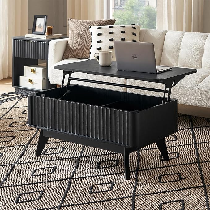 mopio Brooklyn Lift Top Coffee Table for Living Room, Mid Century, Modern Farmhouse with Lifting Tabletop & Hidden Storage, Fluted Panel, Rising Pull Up Dining Table (Black Oak)