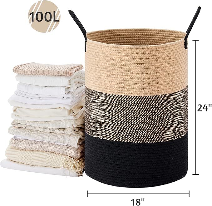 VIPOSCO Large Laundry Hamper, Tall Woven Rope Storage Basket for Blanket, Toys, Dirty Clothes in Living Room, Bathroom, Bedroom - 100L Brown & Black