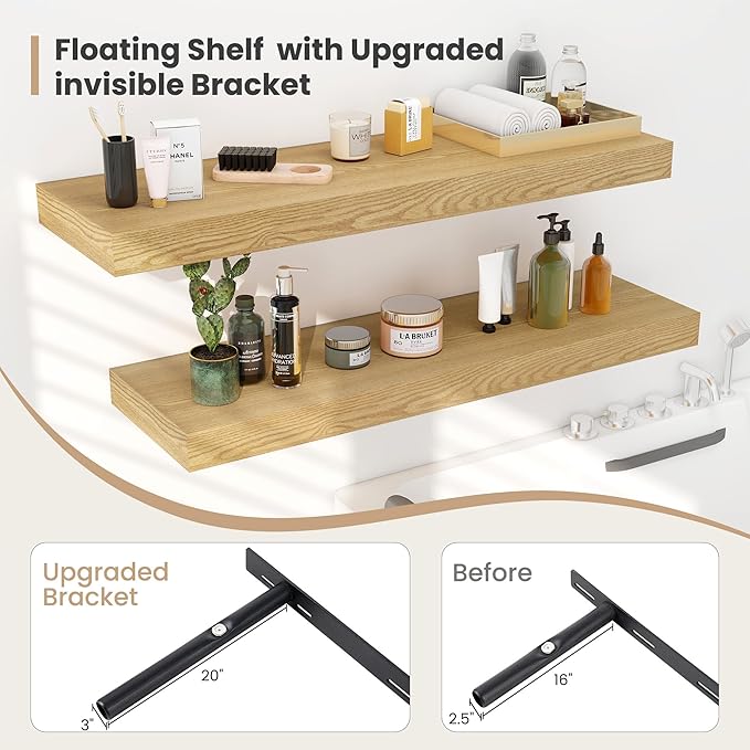 Heimlove 12" Deep Floating Shelves, 36 x 12 Inch Wall Mounted Long Floating Shelf with Invisible Brackets, for Home Decor, Bedroom, Kitchen, Living Room, Bathroom - 2 Pack, Oak