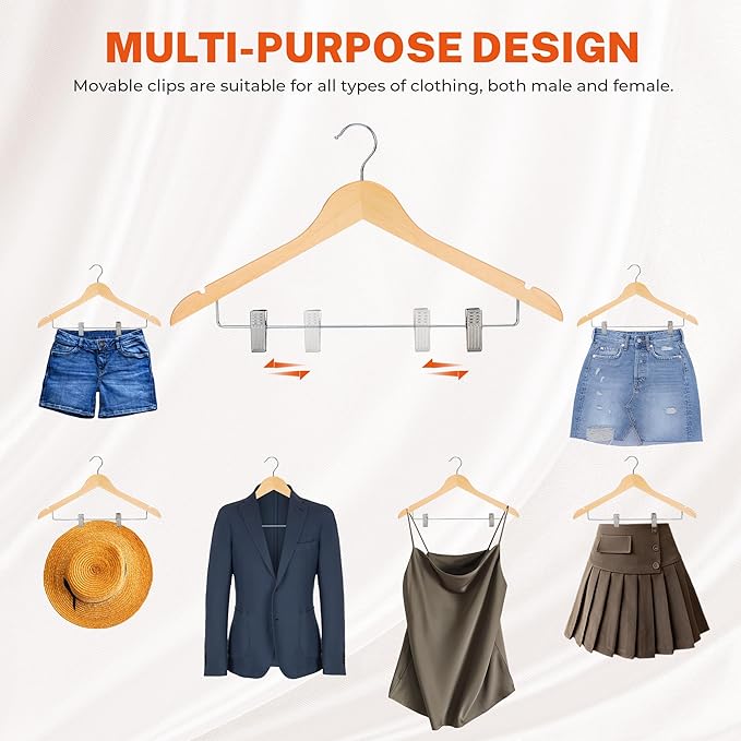 HOUSE DAY 24 Pack High-Grade Wooden Suit Hangers Skirt Hangers with Clips Solid Wood Pants Hanger Natural Smooth Finish Premium Wood Hanger with Durable Metal Clips for Blouse, Dress, Coat, Jacket