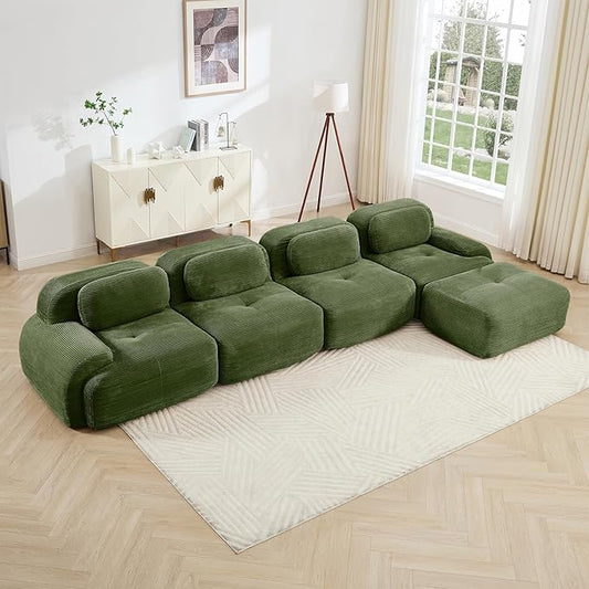 152" Modern Corduroy Cloud Sofa with Ottoman, L Shaped Boneless Modular Large Sectional Couches for Living Room, Green 4 Seater Compressed Memory Foam Couch, Extra Deep Seat, No Assembly