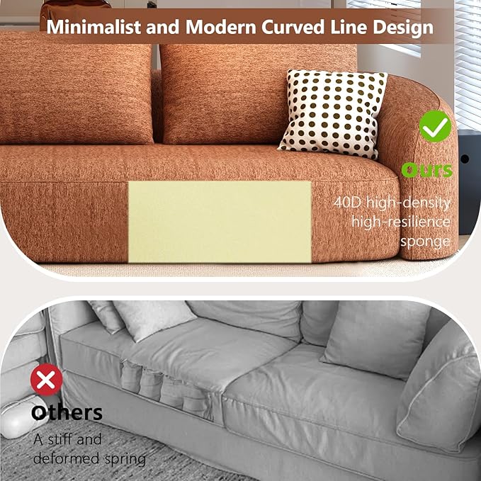 111" Modular Sectional Couches Luxury Modern Curved Back Sofa,Minimalist Comfy L-Shape Boneless Cloud Couch for Living Room Apartment,(Left Facing Chaise,Orange)