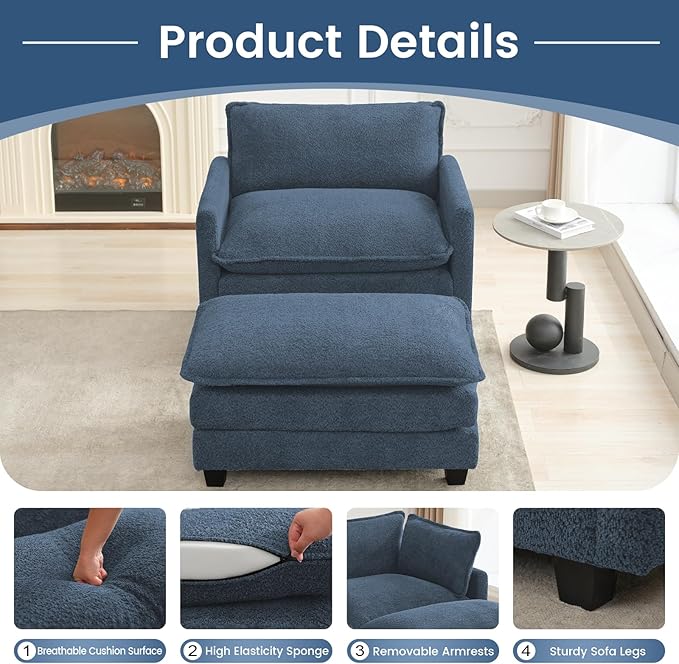 ROWHY Convertible Sectional Couch with Ottoman, Single Armchair with armrests, Modern Living Room Furniture Set, Small Couches for Small Spaces, for Living Room, Chenille, Royal Blue