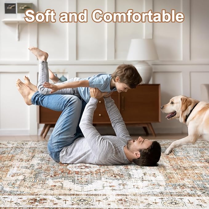 Area Rugs for Living Room 10x14 - Extra Large Machine Washable Vintage Oriental Soft Rug, Low Pile Thin Carpet with Non Slip Backing for Bedroom, Dorm, Dining Room, Indoor House, Office