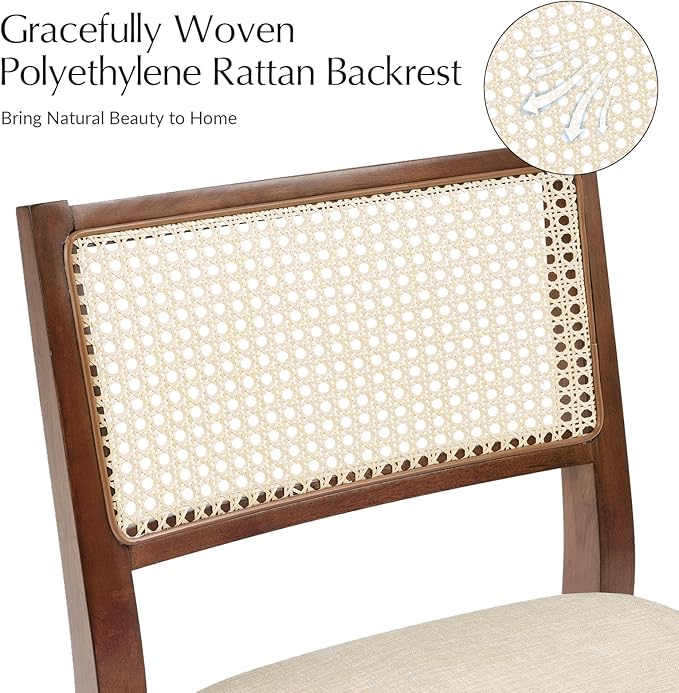 HULALA HOME Rattan Dining Chairs Set of 2, French Solid Wood Kitchen Dining Room Chairs with Curved Back, Upholstered Accent Dinner Cane Chair for Living Room Restaurant, Walnut