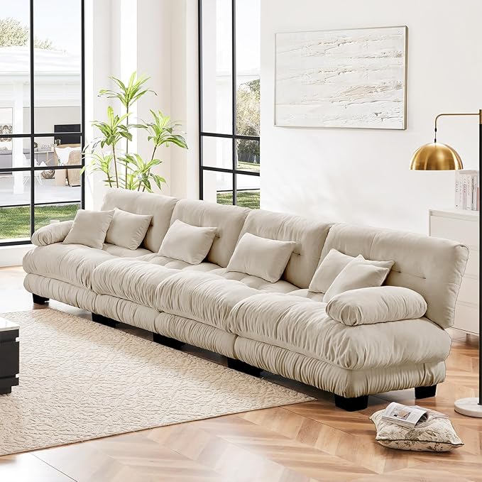 173.2" Oversized Couch, 4 Seater Modular Sectional Sofa, Beige Sectional Fluffy Chenille Cloud Couch Set with 6 Pillows, Deep Seat Sofas for Living Room