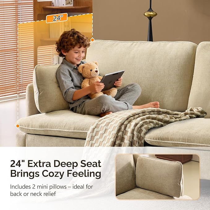 VINGLI 84" W Oversized Comfy Two Seat Love Seat, 37" Extra Deep Seat Piping Design Loveseat Couch with Two Pillows, Linen Fabric Modern Small Sofa for Small Living Room, Bedroom, Khaki