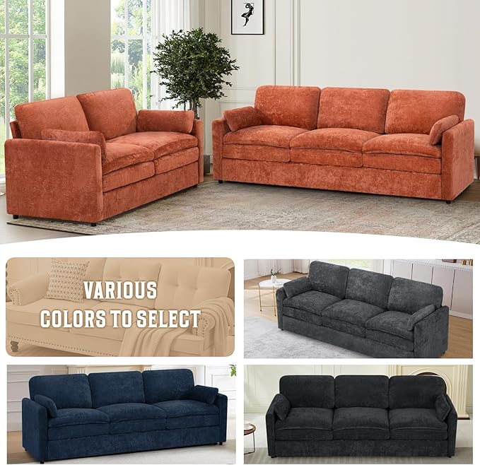 89" Chenille 3 Seats Sofa with 2 Pillows, Modern Upholstered Sofa with Deeper Seats, Comfy Sofa with Thickened Cushions for Living Room, Apartment, Orange