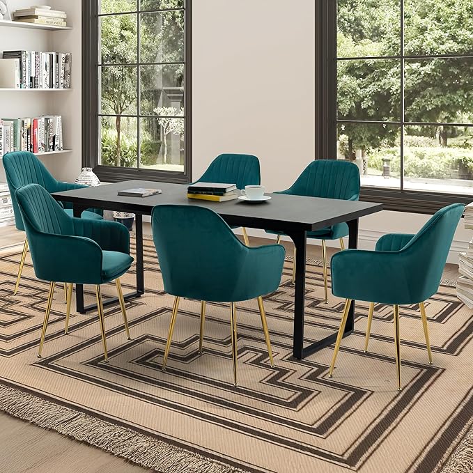 ECOTOUGE Matte Velvet Dining Chairs Set of 6, Modern Arm Chair with Golden Metal Legs, Living Room Accent Chairs for Kitchen, Emerald Green