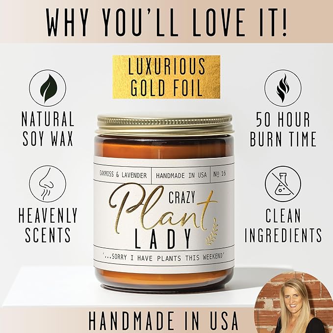 Plant Lady Gifts for Women, Soy Candle, w/Oakmoss & Amber I Plant Lady Themed Ideas I Gifts for Plant Lovers I 50Hr Burn, USA Made