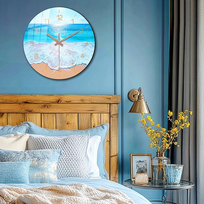 Coastal Wooden Wall Clock Battery Operated 10 Inch Beach Silent Wall-Clock Non Ticking Analog Blue Wall Clocks for Bedroom, Office Decor
