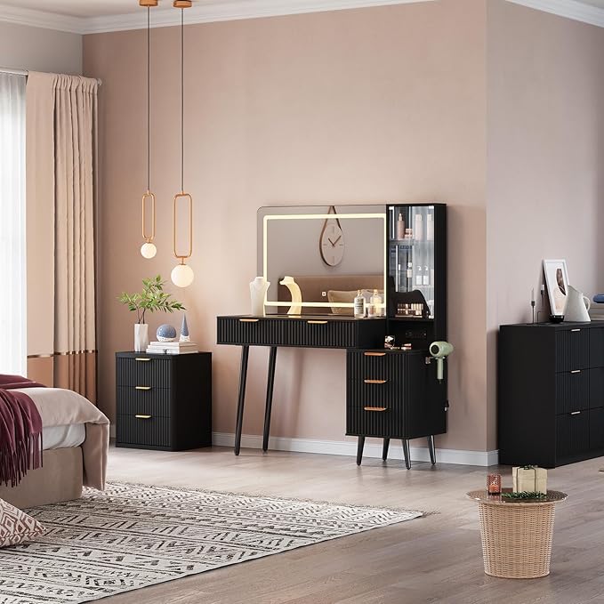 GarveeHome Fluted Makeup Vanity Desk with Lights, 48" Big Vanity with Glass Top and Large 36" HD Lighted Mirror, Modern Dressing Table with 5 Drawers 3-Tier Shelves Set w/Charging Station (Dark Grey)