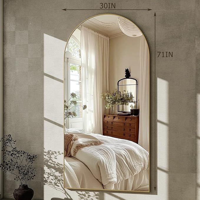GLSLAND-30x71 inch Wall Mount Arched Full Length Mirror-Aluminum Alloy Frame High Definition-Full Body Mirror for Bedroom or Living Room,Gold